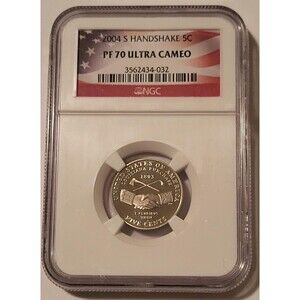 2004 S Jefferson Nickel Handshake/Peace Medal Proof PF70 UC NGC Flag Label